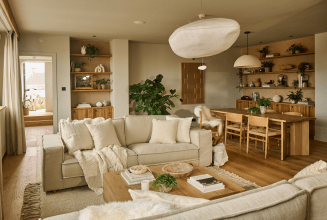 Living spaces with couches, dining table and chairs